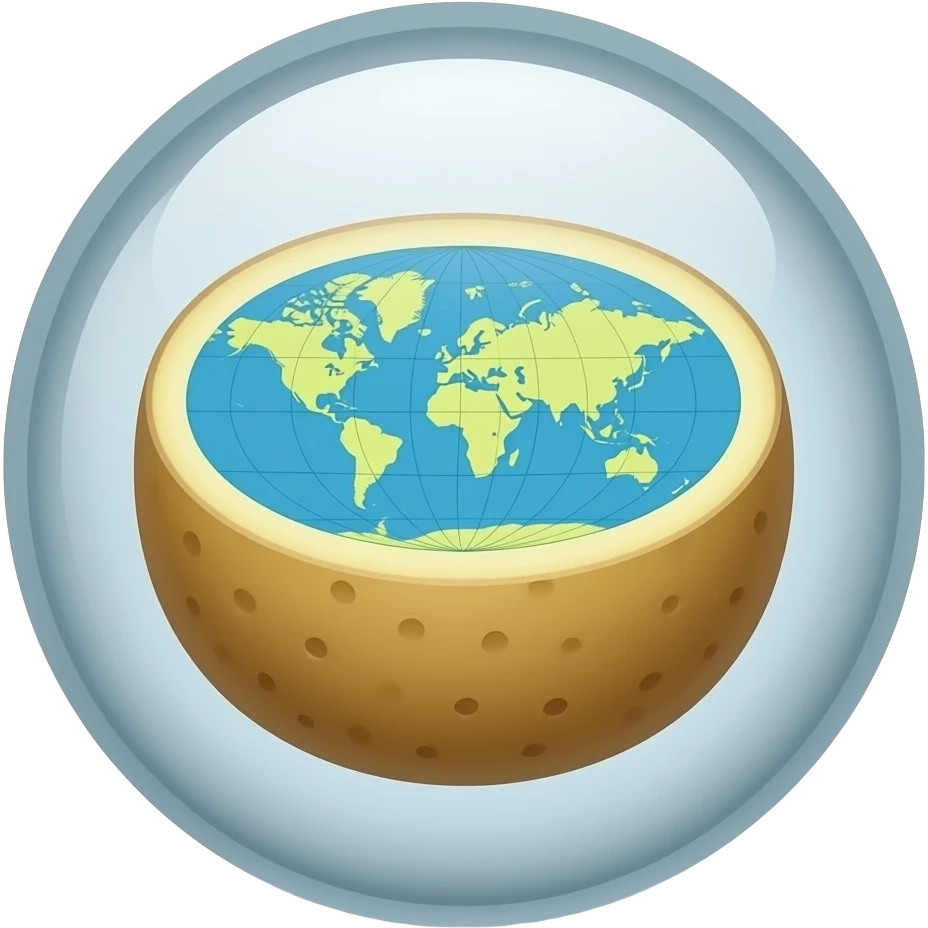 A glass marble with a half potato inside, the flat earth map is on the cut surface of the potato, Azimuthal Equidistant Map, emoji