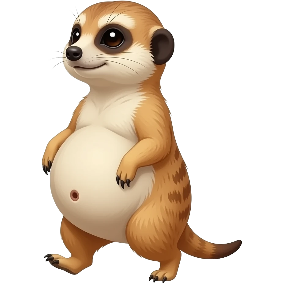 A female Meerkat now wants to give a try to walk,but with her full belly so big she has to hold it up off the ground,it is a guessing game if she is gonna all the way home ,but she knows she is just fat,her bellybutton makes agreement with clues. emoji