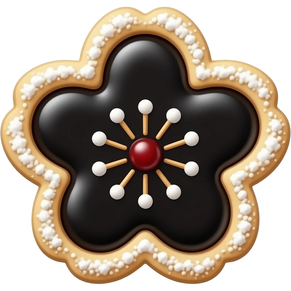 Realistic shortbread cookie in the shape of a black cherry blossom with pale black color jelly middle filling and sprinkled powder sugar on top emoji