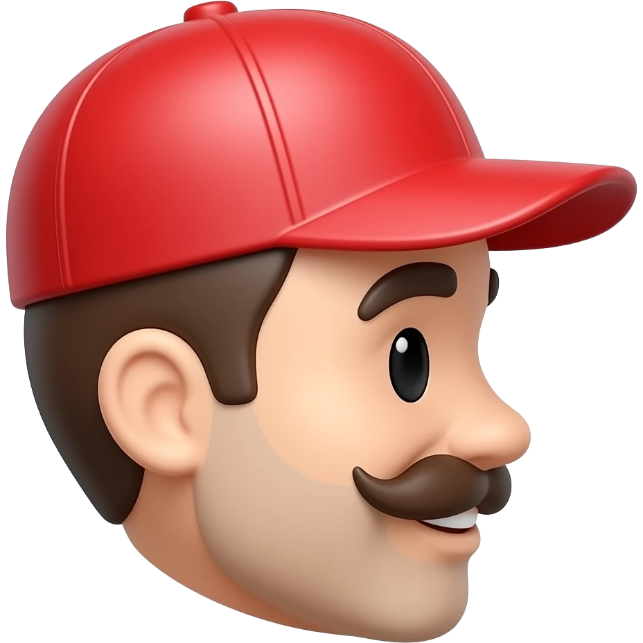 Cute 3D plumber emoji, right side profile, smiling expression, glossy red cap, cartoon mustache, cute emoji style, clean render emoji