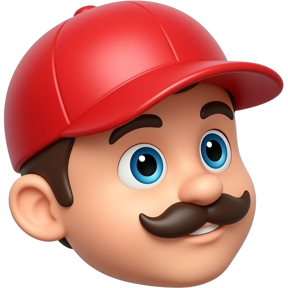same exact cute 3D plumber emoji character, tilted head right, glossy red cap, blue eyes, cartoon mustache, pixar style, smooth 3D emoji render, only camera angle changes, same character identity, same proportions, same colors emoji