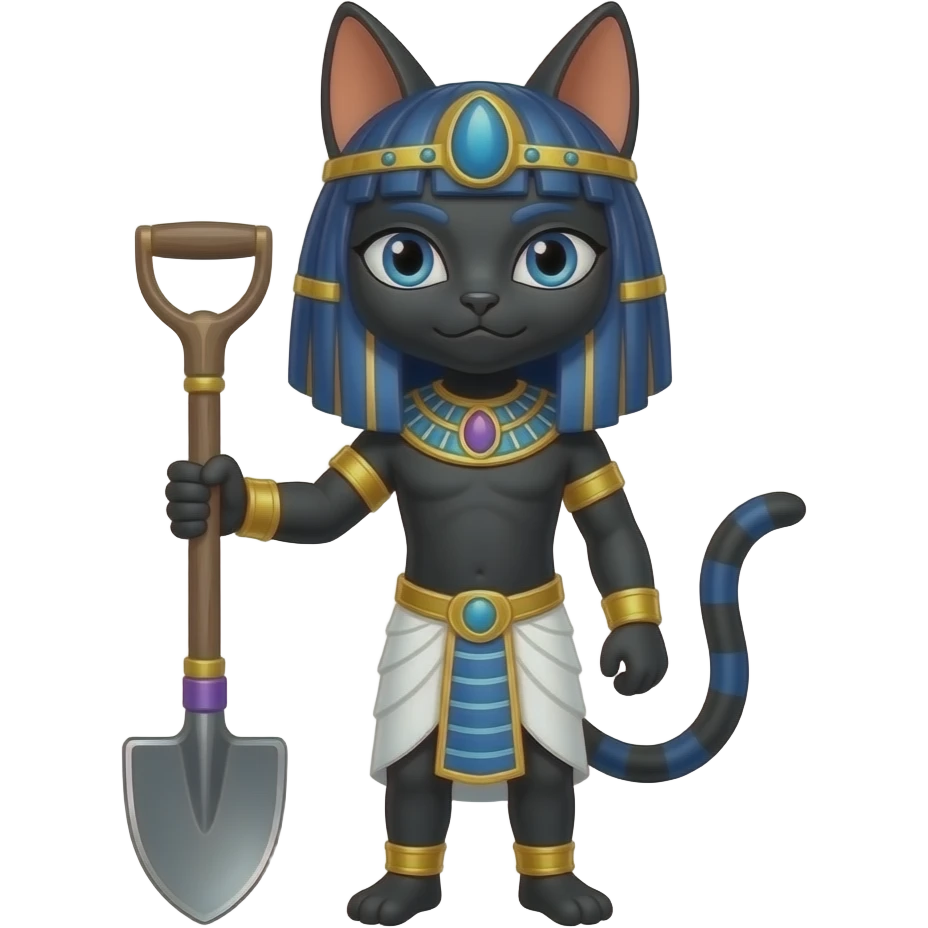 Bastet emoji, black cat and purple details with shovel in hand emoji