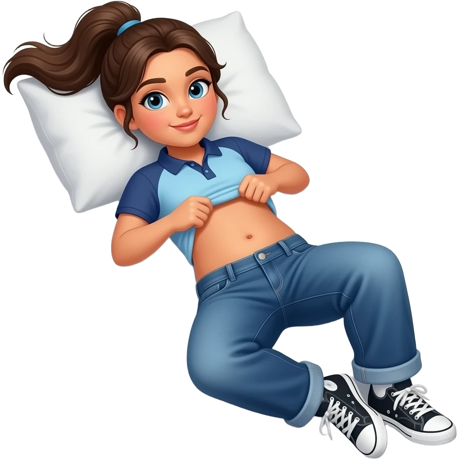 Hispanic girl with brown ponytail and blue eyes light blue and dark blue polo and dark blue baggy jeans and white and black sneakers and belly button laying down on her pillow on her bed lifting her shirt to show her chubby belly emoji