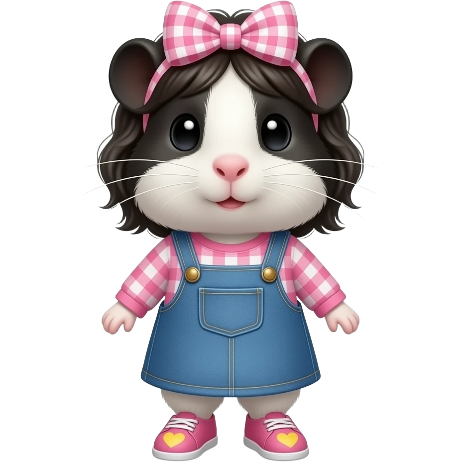 black and white guinea pig with pink long sleeve gingham shirt, jean dress, pink shoes with yellow hearts and a pink gingham bow in hair emoji
