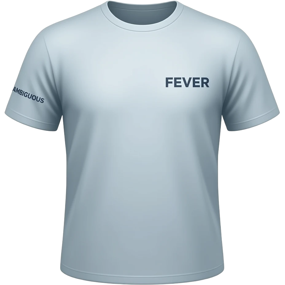 반팔티 뒤에 FEVER 살리고, AMBIGUOUS 팔뚝 부분에 살려서 얼굴이 메인이 아니라 로고, 글자가 메인 캐릭터 만들어줘 emoji