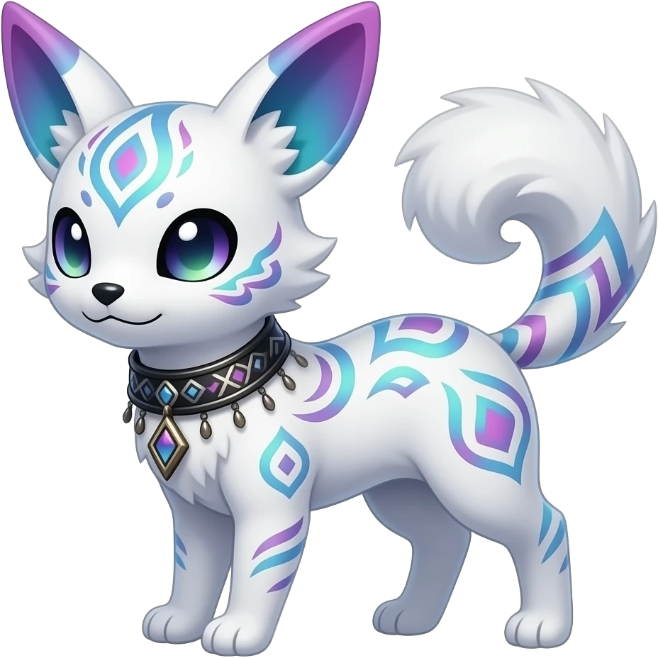 Rare cute edgy cool elegant beautiful neon iridescent white exotic cute epic aesthetic gothic colorful Salandit-Eevee-Civet-species-Fakemon-hybrid-creature, with a collar, and with intricate tribal markings, full body emoji