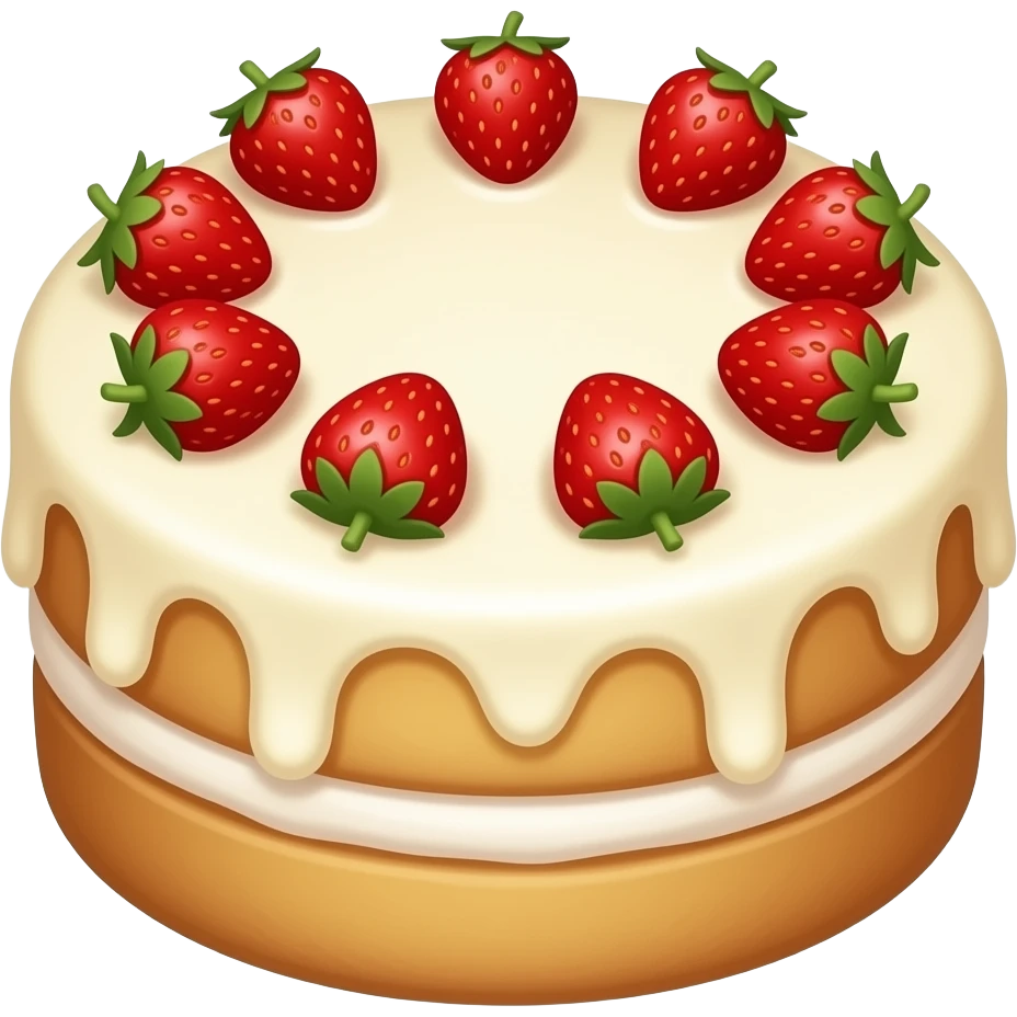 circle shaped cake completely covered in vanilla glaze with some strawberries on it emoji