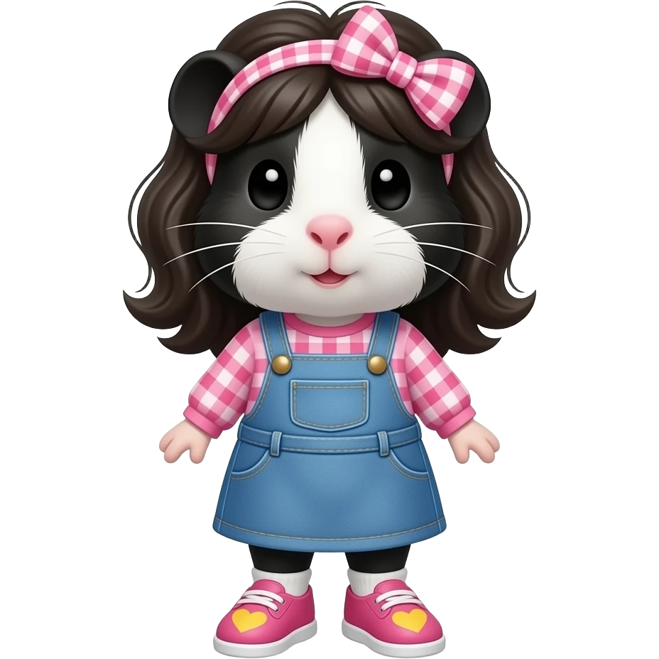 black and white guinea pig with pink long sleeve gingham shirt, jean dress, pink shoes with yellow hearts and a pink gingham bow in hair emoji