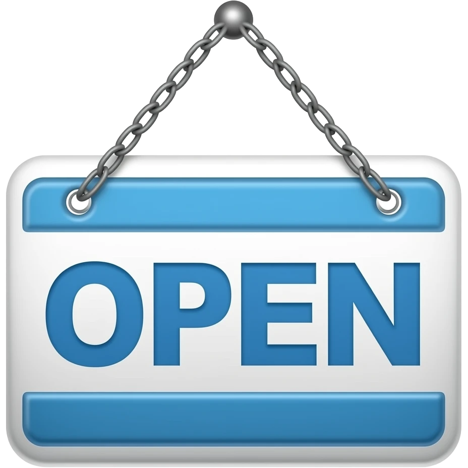 shop open sign, white background and blue text emoji
