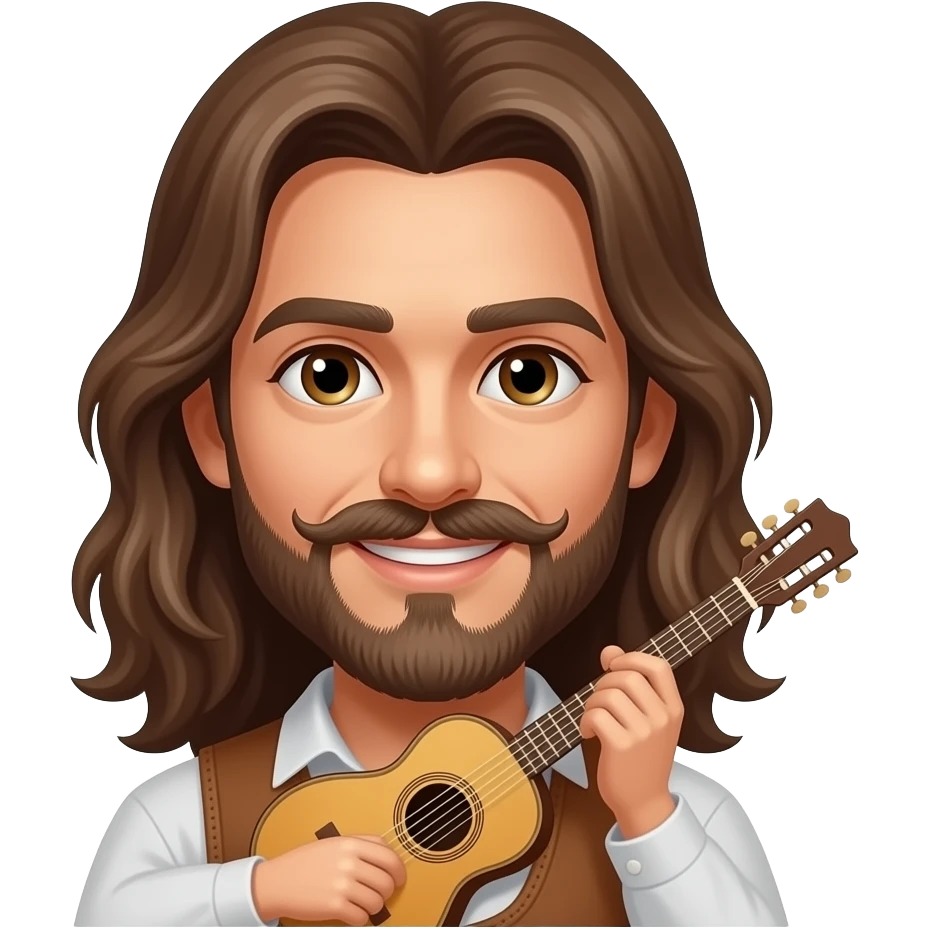 Beautiful Happy Bard with long hair, Handlebar mustache, goatee and a lute emoji