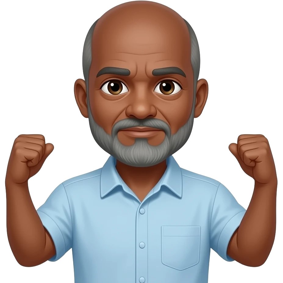 Create an older black guy with a bald head and a beard and mustache doing this 🤷🏽 emoji