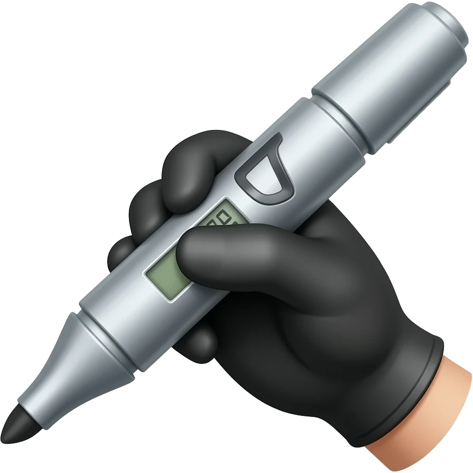 female hand in black simple glove writing with big bold metallic marker, small display timer on the marker emoji