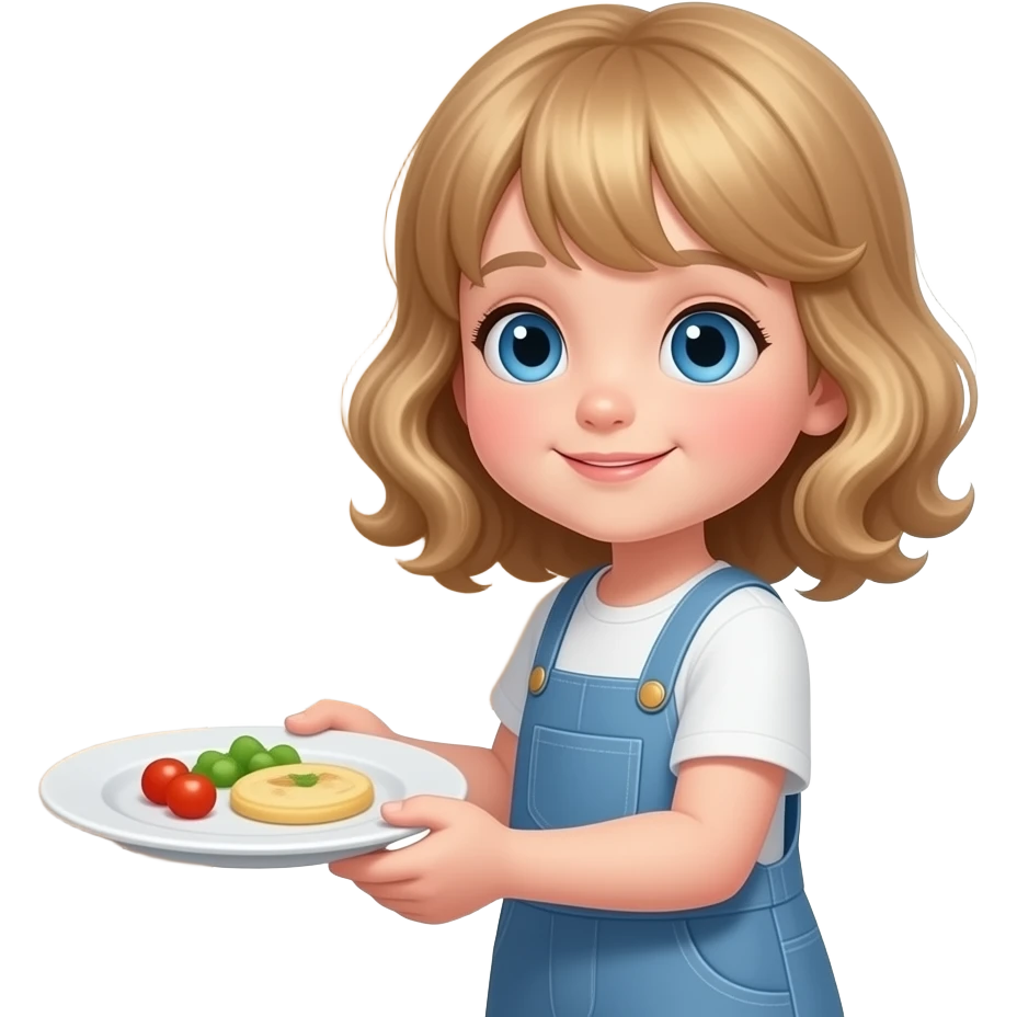 white kid blue eyes mid length with bangs soft curly hair to shoulders in color: middle to little darker blond, putting away plate after eating dinner emoji
