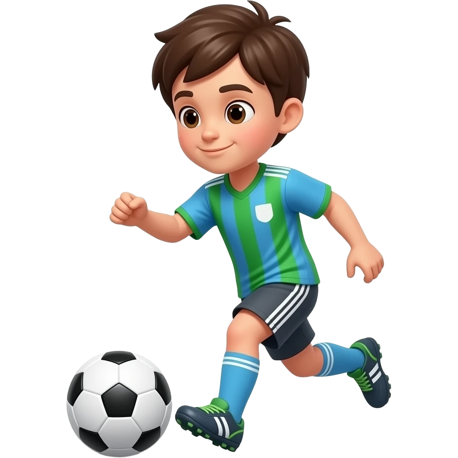 niño jugando al soccer con camiseta verde celeste y gris con zapatillas de futbol emoji