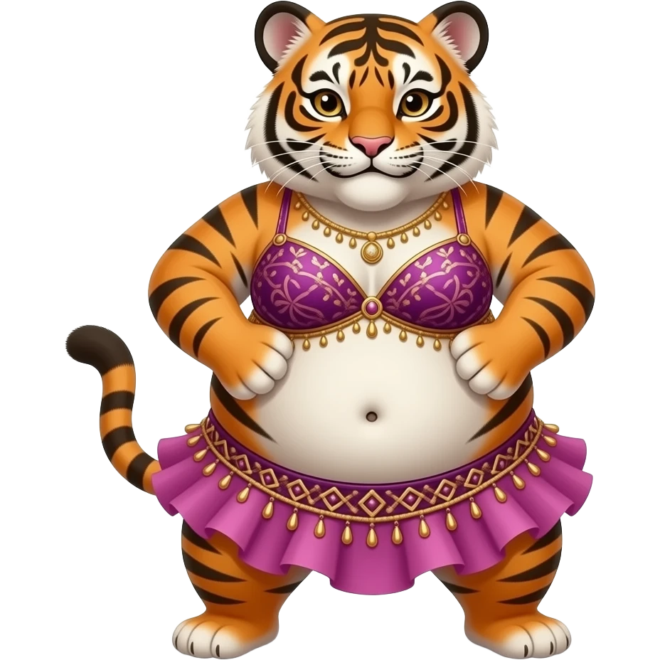 A chubby female tiger cub belly dancer,after a hefty brunch meal she is full & fat,Starting off with a stretch routine,she sticks out her plump tummy as far forward and downward as possible she can,then plays a slapping sound game on her fat tummy like drum solo,her bellybutton is poking out. emoji