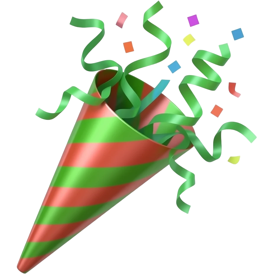 iOS emoji style, Party Popper green and red strips with confetti, realistic proportions, clean 3D design, glossy green plastic material, soft light reflections, smooth curved handles, elegant silhouette, minimalistic, high quality, transparent background emoji