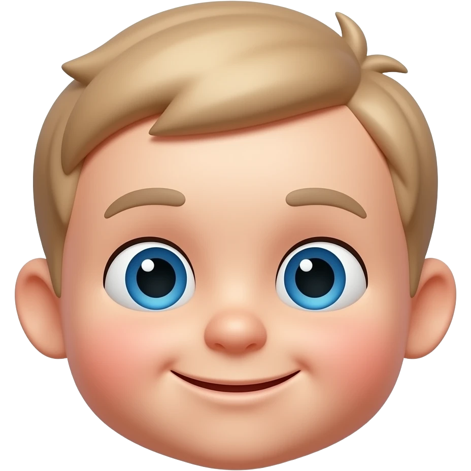 Милый ребёнок 1-3 лет в стиле Apple Emoji с большими голубыми глазами, бежевыми волосами и мягкой улыбкой. Минималистичный 3D-рендер с плавными градиентами, глянцевой текстурой и округлыми детскими чертами лица. emoji