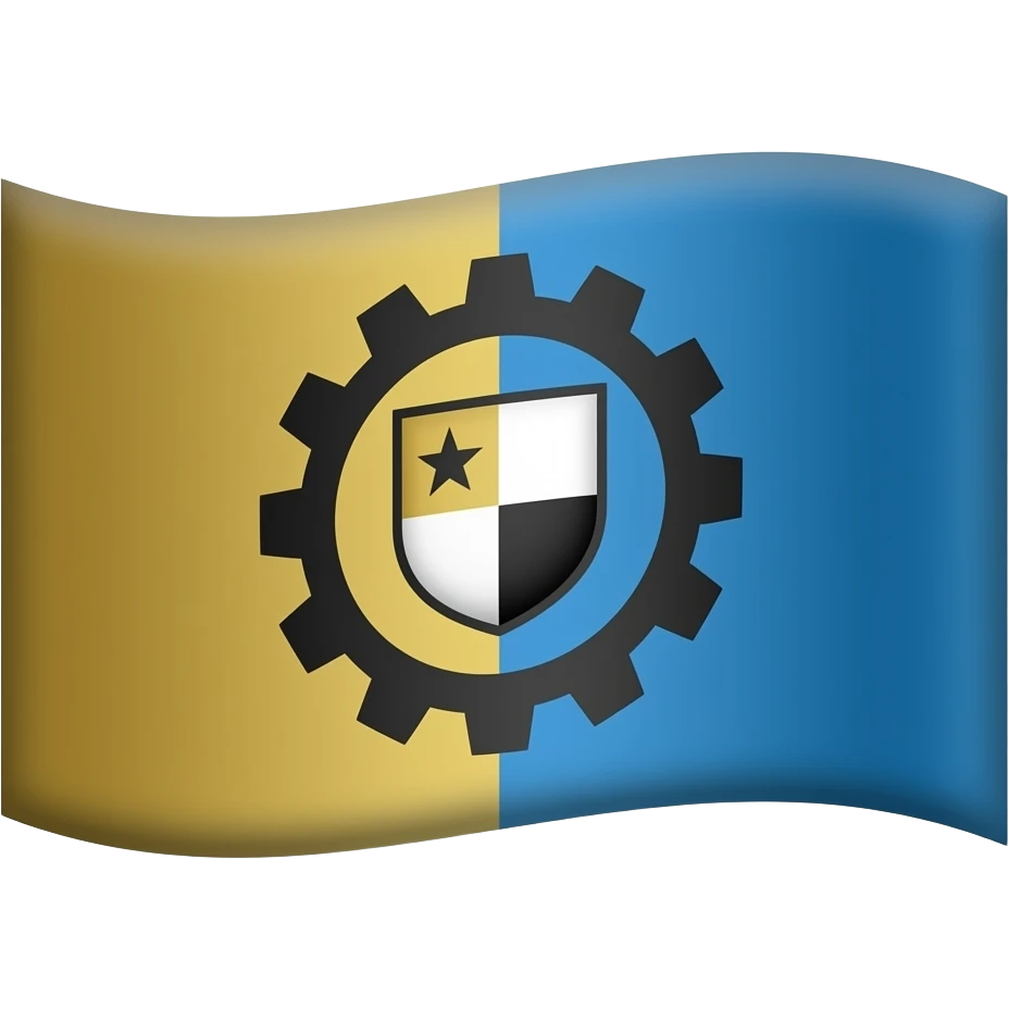 Blue and gold split flag with a black gear, white-and-black star, and a small quartered shield in the center. emoji