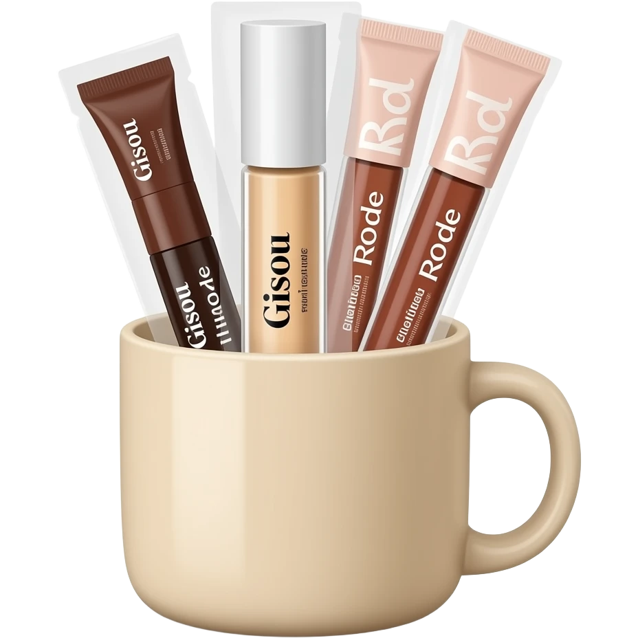 ultra-realistic brown and beige cosmetics by brands “gisou” and “rhode” in beige mug emoji