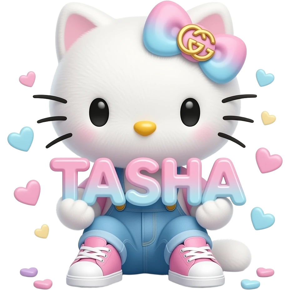 4D Velvety fur texture hello kitty wearing ombre white and blue and pink ombre pastel colored skinny jeans and sneakers, and with the Gucci symbol on her ombre pastel bow sitting down holding the velvety 3D outlined letters TASHA and surrounded with tiny ombre pastel hearts made of candy emoji