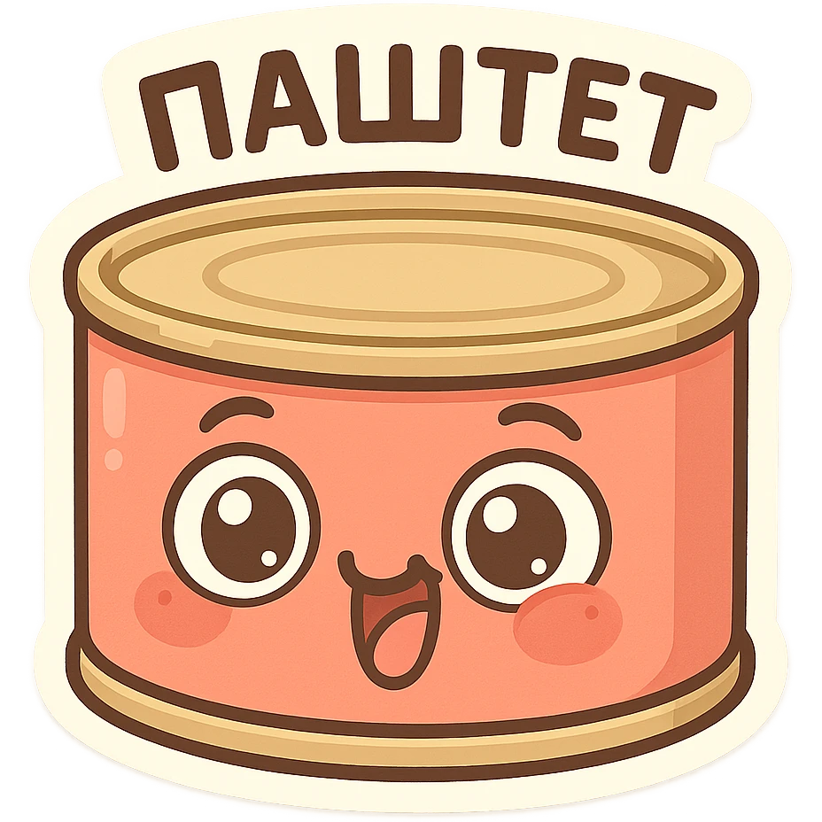 Funny pâté can character, smiling face with big eyes, goofy expression, cartoon style, chubby cute proportions, bright colors, playful illustration, meme-like vibe, text on top "ПАСТЕТ" in Cyrillic, bold and readable emoji