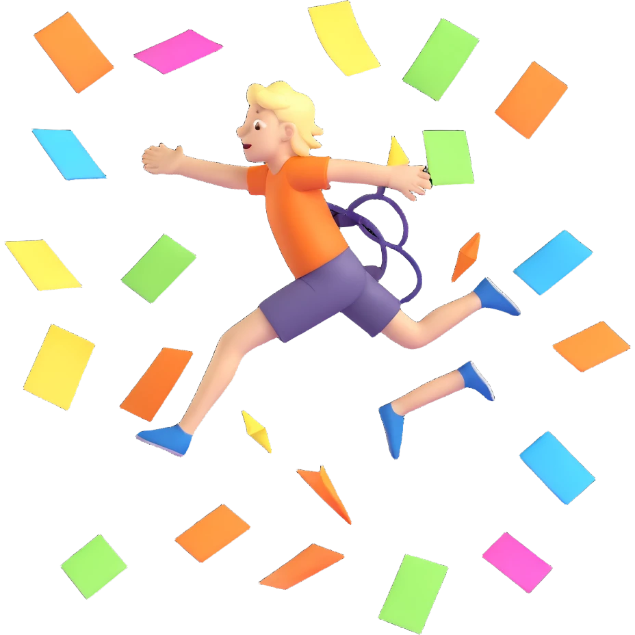 3D icon showing an energetic character leaping, multitasking, surrounded by arrows, sticky notes, spark effects, bright colors, vibrant lighting, playful chaos, planning theme emoji