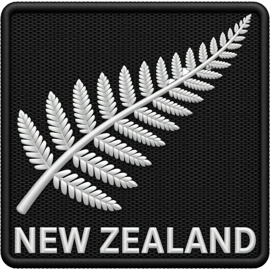 slight rustic silver fern white on black embroidery with text below- 'NEW ZEALAND' emoji