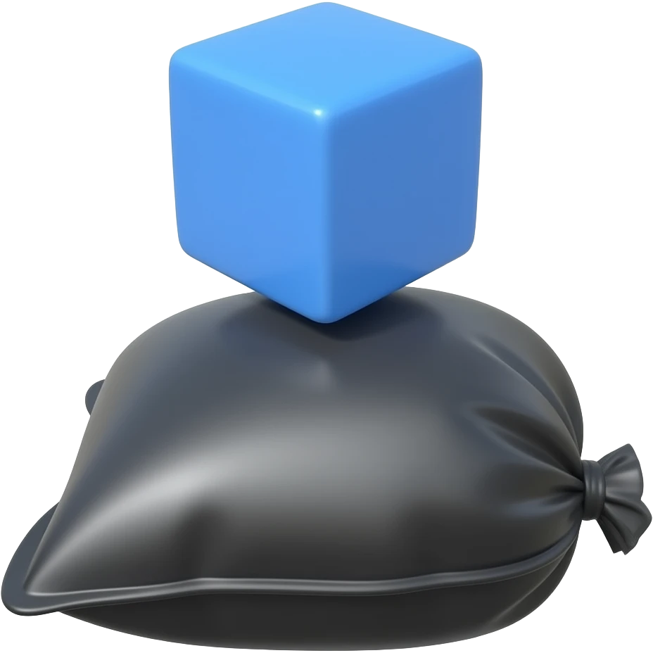 a blue cube on top of an inflated black bag emoji