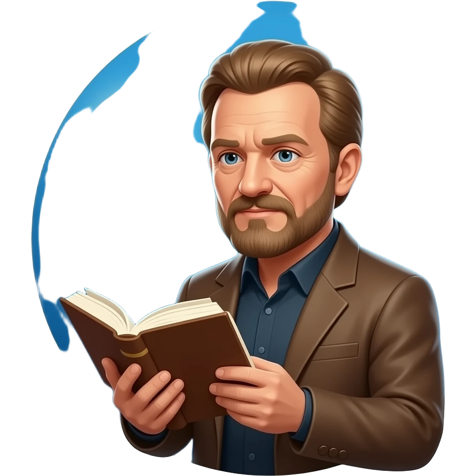can you create a man that looks like Frank Herbert of dune reading a book with the moon and big plus in blue circle symbol beside him. emoji