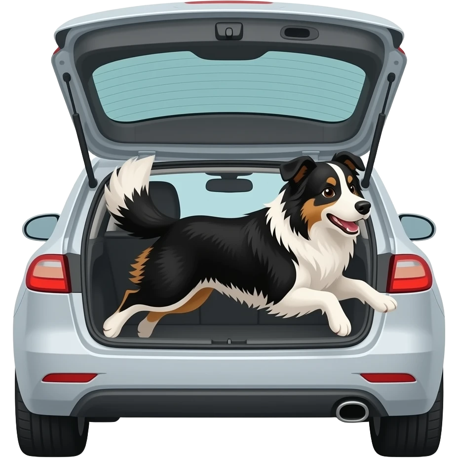The Border Collie hops out of the car trunk. emoji