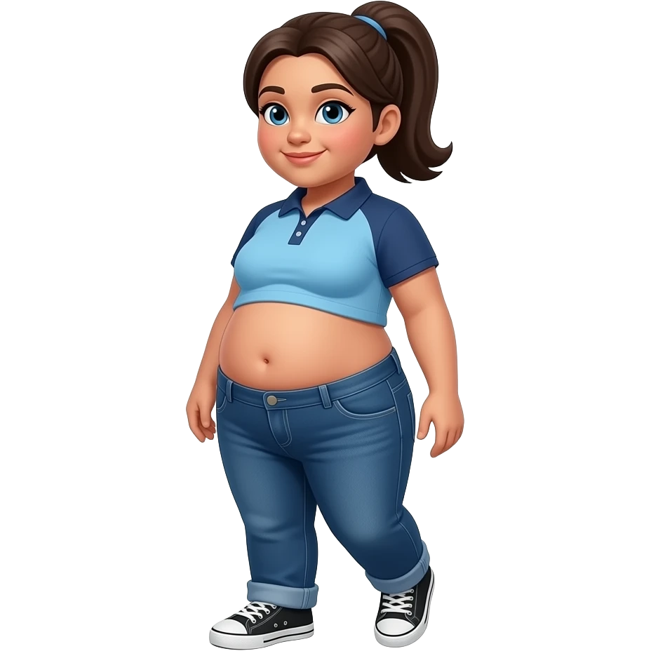 Obese Hispanic girl with brown ponytail and blue eyes plain light blue dark blue polo and dark blue baggy jeans and belly button and black and white sneakers rolling her belly emoji