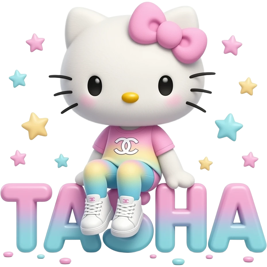 4D Velvety fur texture hello kitty wearing ombre white and blue and pink ombre pastel colored leggings and sneakers, and with the Chanel symbol on her ombre pastel bow sitting sideways on top of the last letter velvety 3D outlined letters TASHA surrounded with tiny ombre pastel stars made of candy emoji