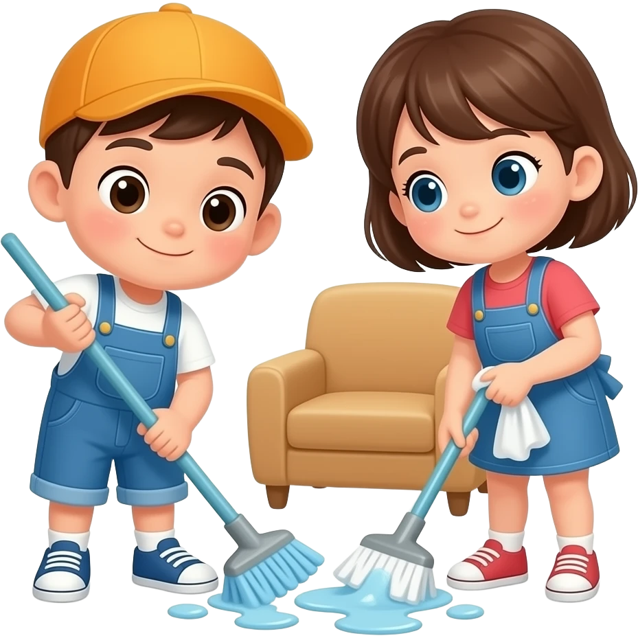 These two children, full body, tidying their room emoji