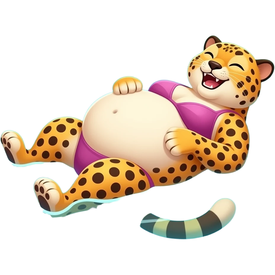 A cheetah enjoys beach holiday in her swimmers,but she is so full from a lunch break that she is about to burst,Then her fat Tummy rolls & drops out,she will just lay on her back in the shallow cool water,her gluttonous belly promotes a good resort business. emoji