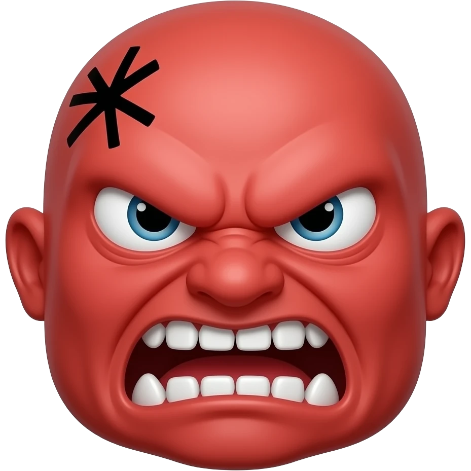 Make a 😀  emoji angry but teeth sharp and skin red and angry a 💢 mark on its head left and eyes very angry. And in rage. It is a 😡 emoji. And not a human and no ears. No nose or ears emoji