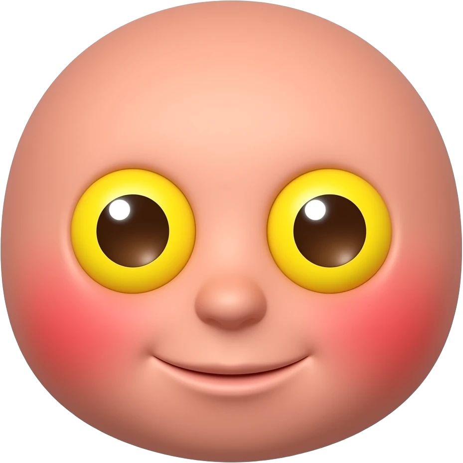 빨간 얼굴의 홍조를 하고 있는 노란 눈알   갈색 동공의 귀여운 만화 입체적 이모티콘 emoji