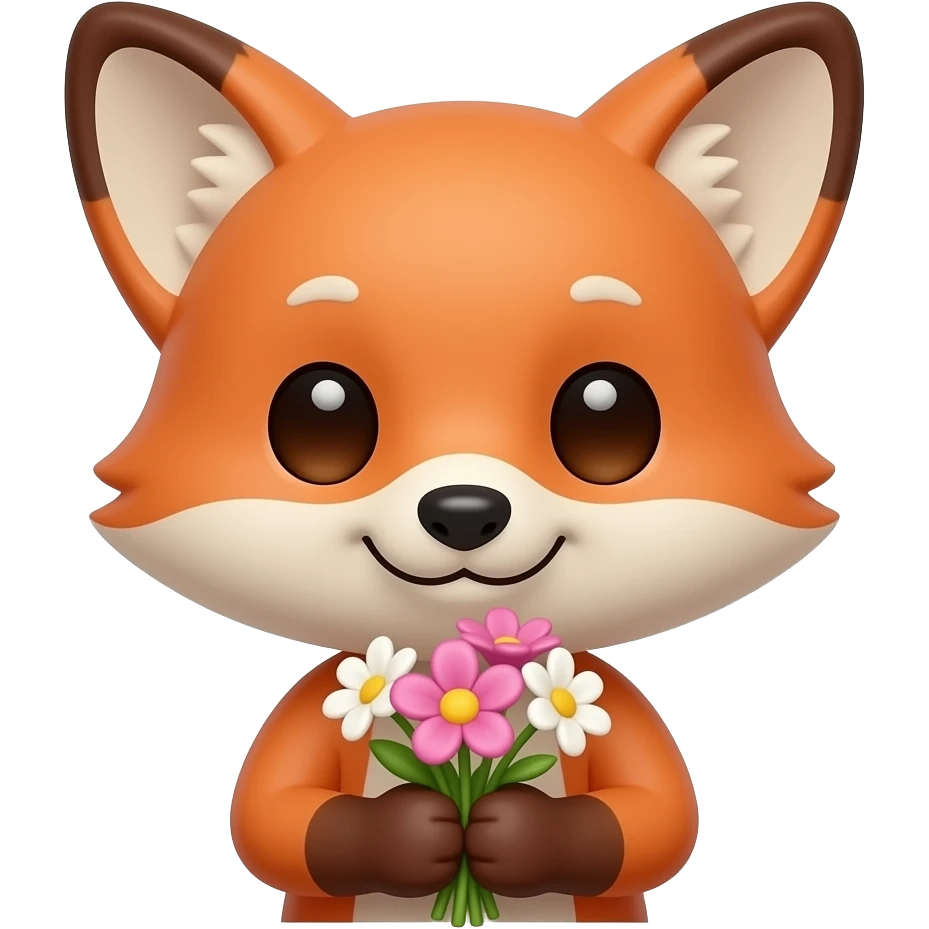 a bust shot of a cute fox holding flowers emoji