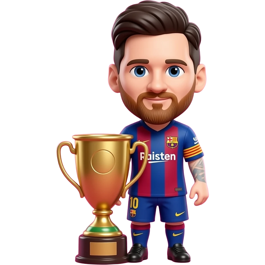 Create a full body 3D chibi Messi character, bright pink background, no face close-up, one huge golden trophy partially hidden behind the body emoji