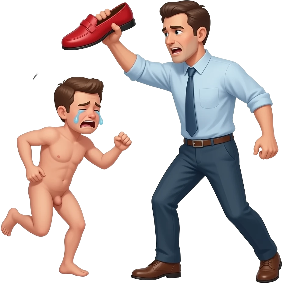 A dressed man, violently waving a large red slipper threatening a small, naked, weak, tearful, crying man, who has both hands on his buttocks, on tip toes, with his feet kicking in the air and his very small penis wiggling about, with his back to the other man emoji