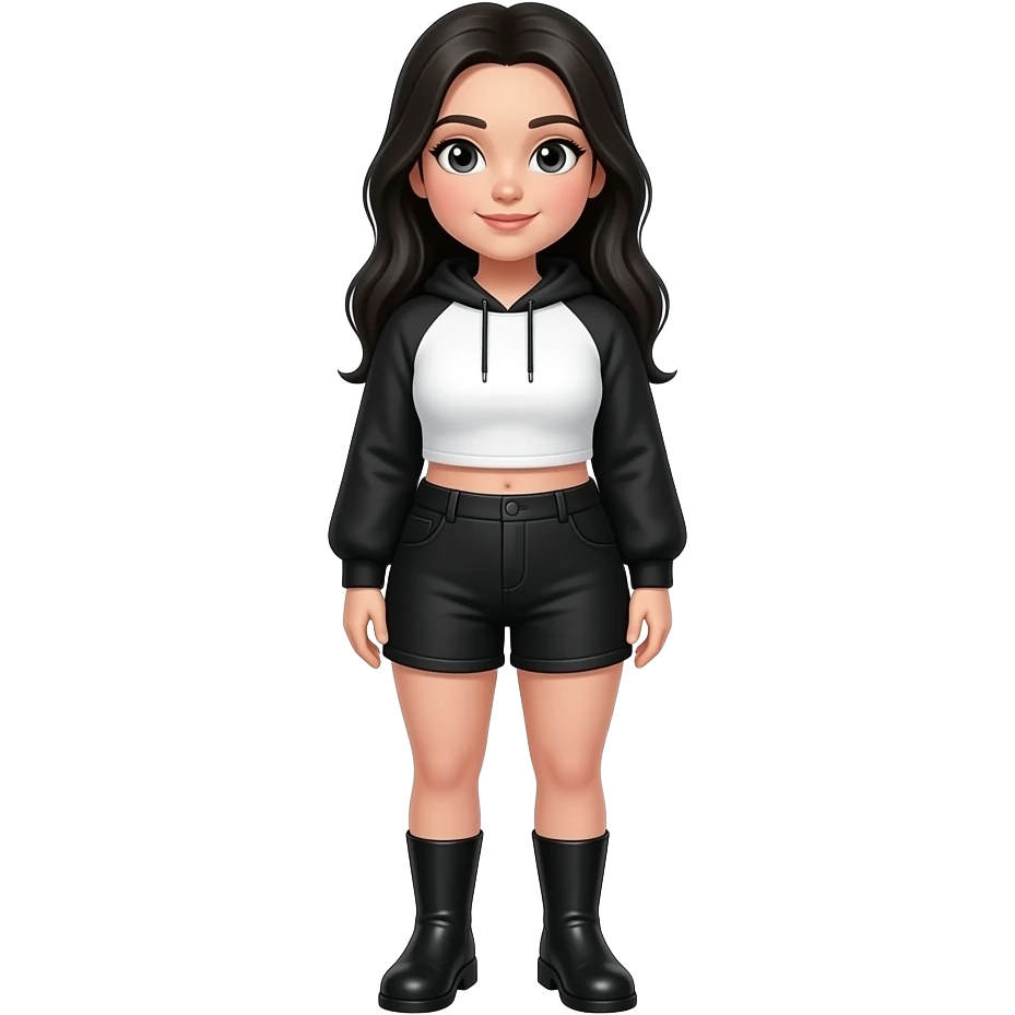 White girl with long black hair, black and white cropped hoodie with black sleeves, black high shorts, black plain boots, and a little bit of a chubby body emoji