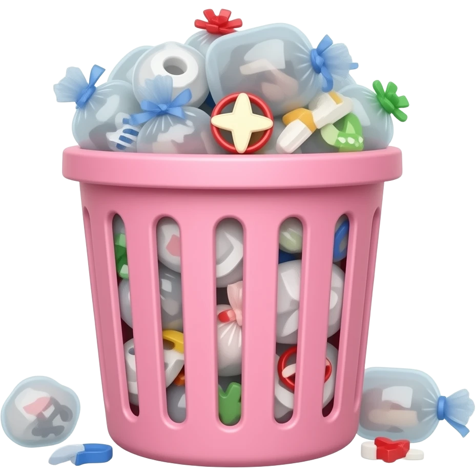 solid pink trash bin. overflowing garbage. emoji