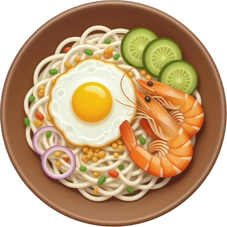 INDONESIAN FRIED WHITENOODLE ON A BROWN PLATE WITH A SCRAMBLED EGG , FRIED ONIONS, FRIED SHIRMP, AND PICKLES , emoji