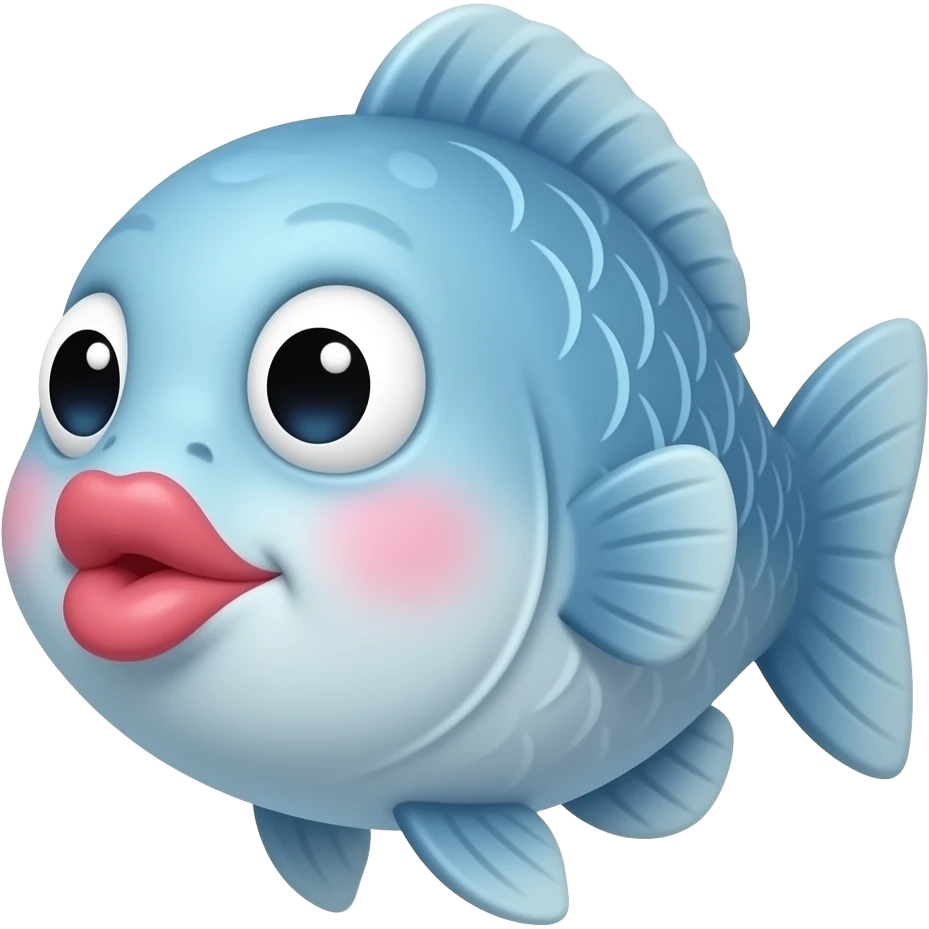 A cartoon fish with pursed lips as if it wants to kiss someone, slightly puffed cheeks, funny expression, big eyes, emoji