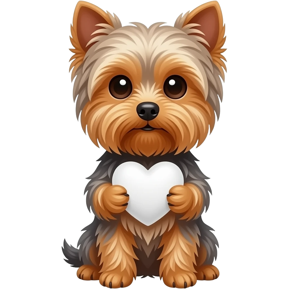 The Yorkshire Terrier holds a white heart in its paws emoji