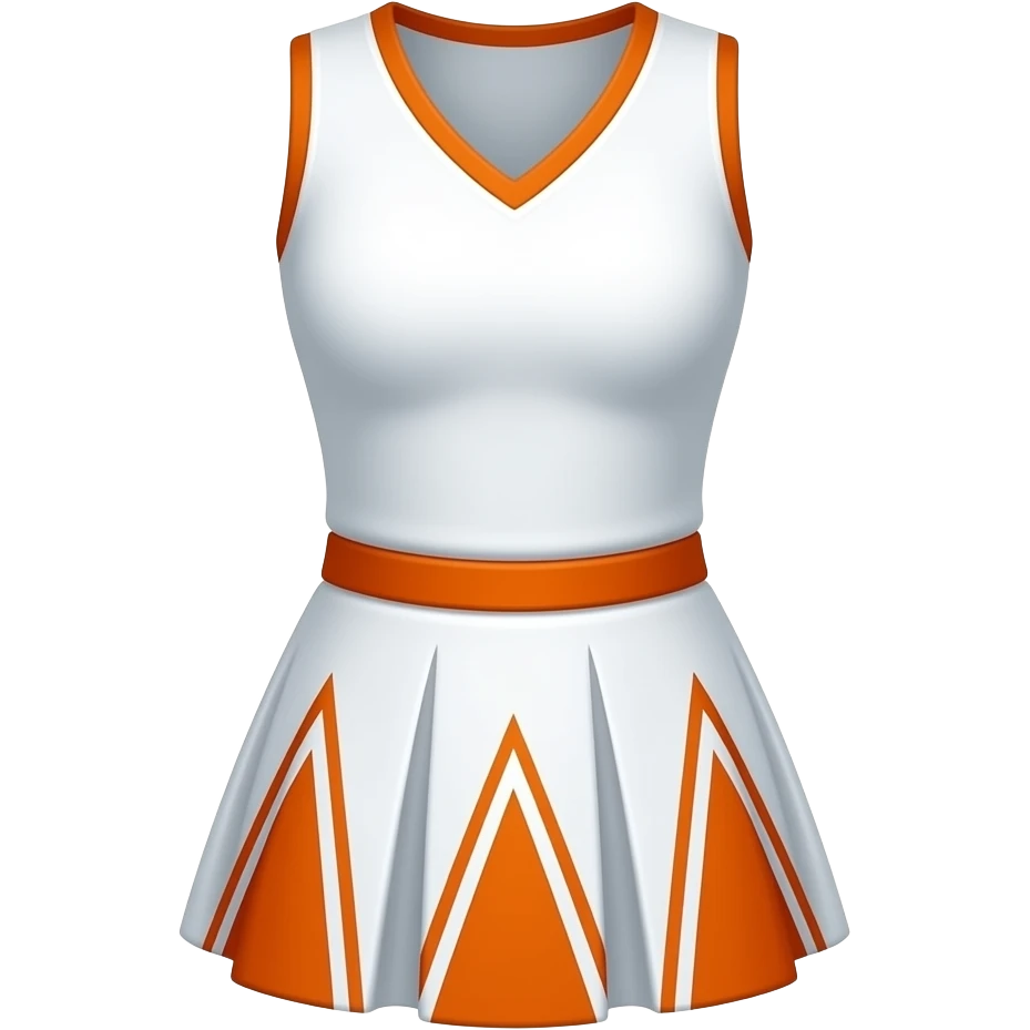 She is wearing a white cheerleader uniform with prominent orange accents. The top is a sleeveless tank style with a V-neck and  thin orange band circles the waist area. The skirt is short, pleated, and features a geometric pattern of orange triangles alternating with white sections emoji