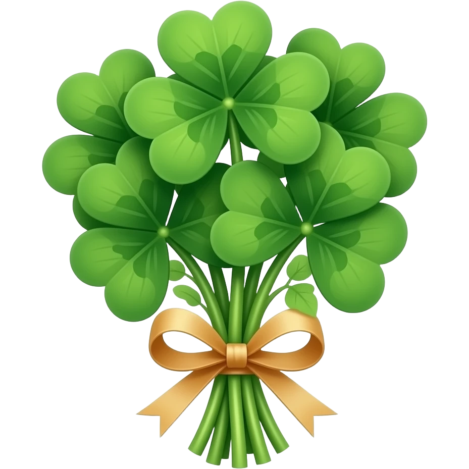 네잎클로버들을 엮어 꽃다발로 만든 이미지, 뿌리 부분이 좀 더 길고 리본이 묶어져 있는 이미지 emoji