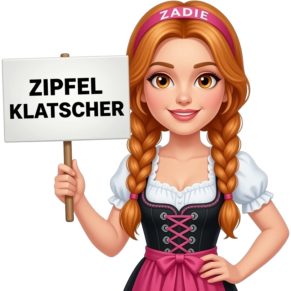 sexy girl with overlong ginger braids and ginger eyes wearing a black pink dirndl and a pink headband with ZADIE written on it, is holding a sign with ZIPFEL KLATSCHER written on it emoji