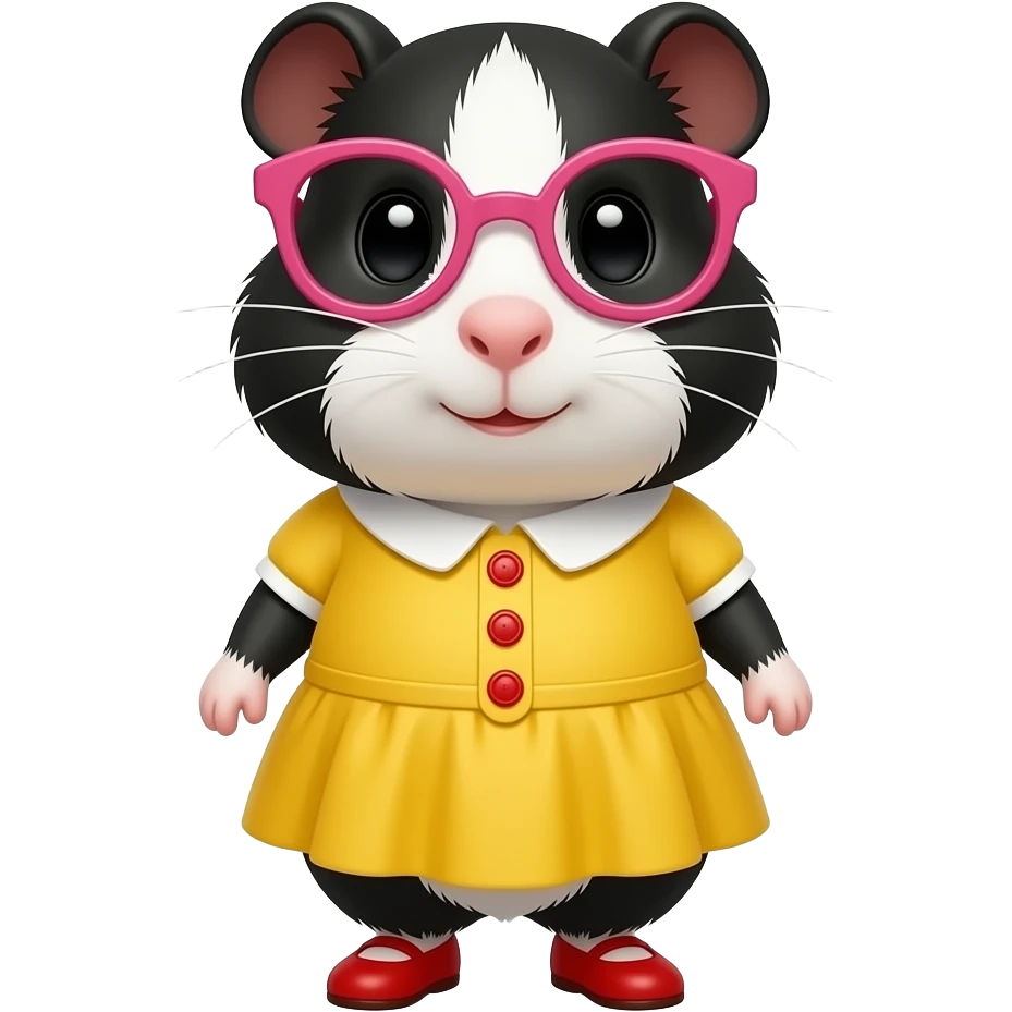 grown up black and white mama guinea pig in yellow dress with red buttons and pink glasses and red shoes emoji