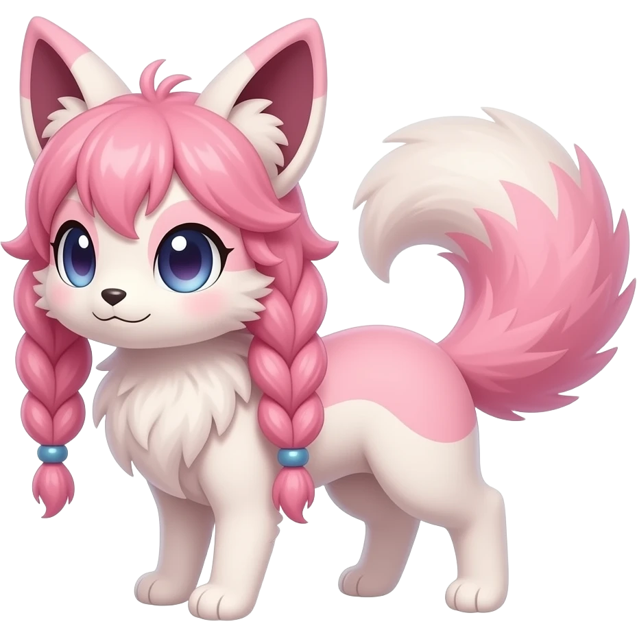 Fuzzy slim oriental feathery long-haired beaded mane cozy rosy aesthetic feathery Rosy beautiful Sylveon-Furret-Minccino-Espeon-Fakémon-hybrid emoji