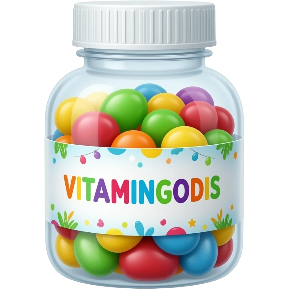 a bottle with vitamin gummies for kid with the writing "VITAMINGODIS" on the label. emoji